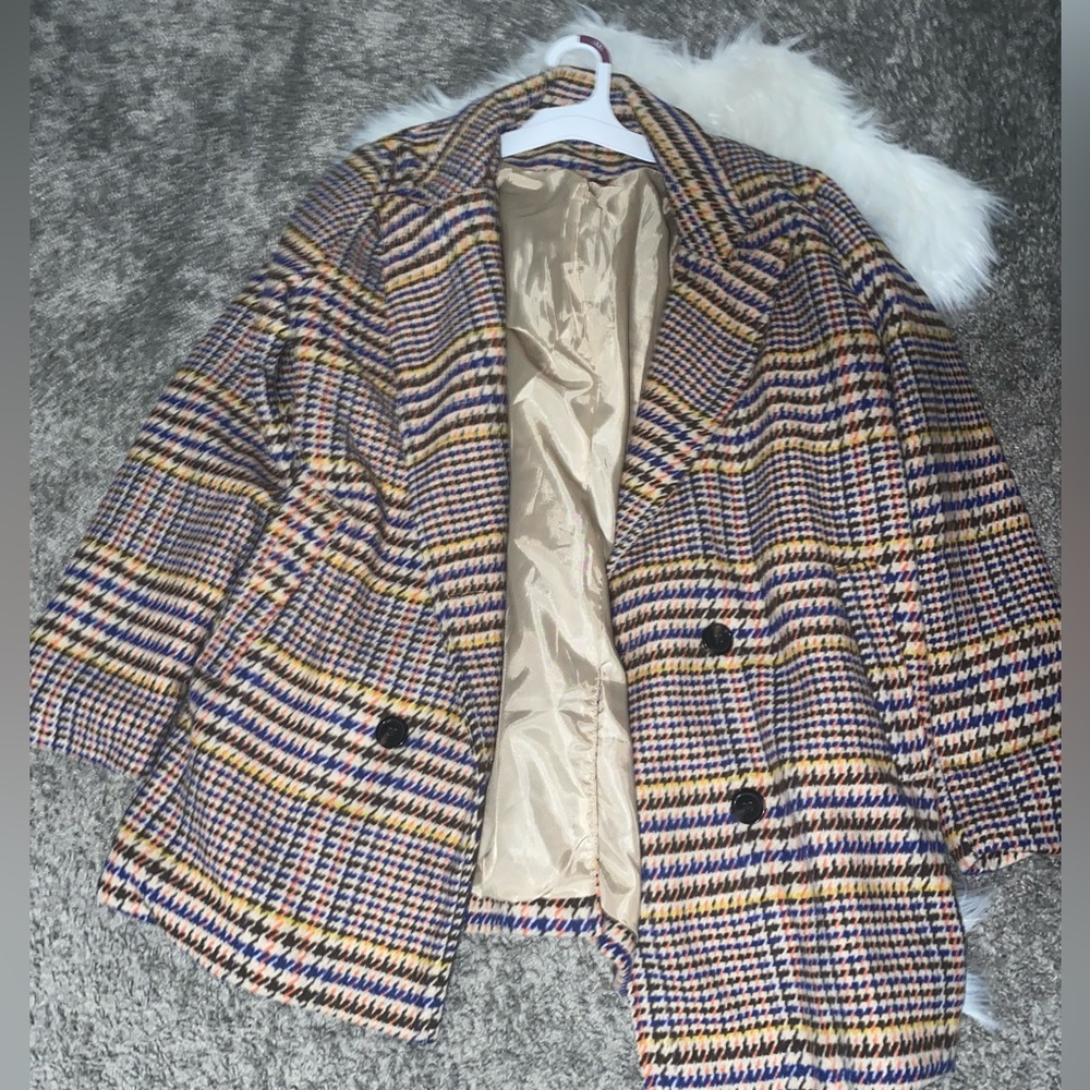 Houndstooth Print Double Breasted Lapel Collar Blazer
